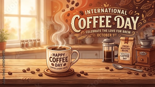 A cozy cafe celebrating International Coffee Day with coffee cup and warm decor. Concept highlights coffee culture and social gatherings, ideal for cafe and lifestyle promotions. Generative AI.