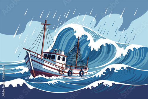 Small white fishing boat struggling to navigate through a violent sea storm with massive ocean waves and heavy rain.