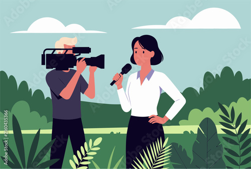 Professional news reporter speaks into a microphone while a cameraman records her report in a lush green park.