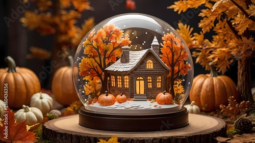 Cozy autumn cottage inside decorative glass globe surrounded by pumpkins and colorful fall foliage