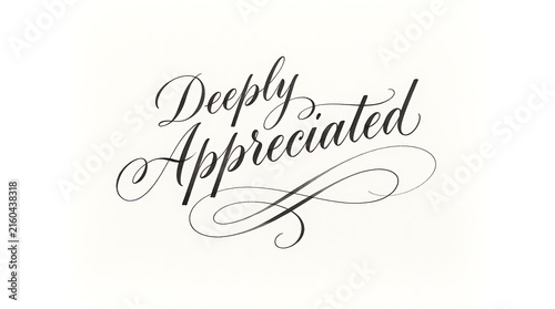 Elegant calligraphy reading deeply appreciated with flourishing swirls and decorative elements on a white background for gratitude concepts