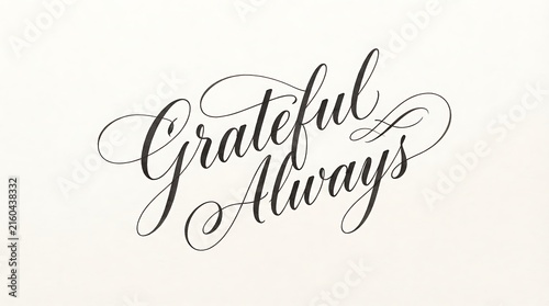 Elegant handlettered quote grateful always in flowing black calligraphy on a clean white background for inspirational designs and positive messaging