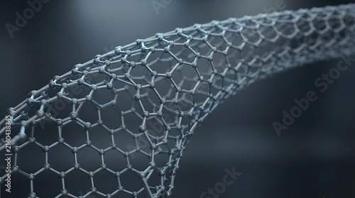 Detailed three dimensional rendering of a carbon nanotube structure with hexagonal lattice arrangement against a dark blurred background