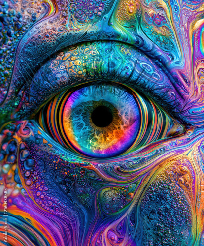 Surreal psychedelic human eye with vibrant rainbow colors and liquid swirling patterns in purple blue orange and pink tones