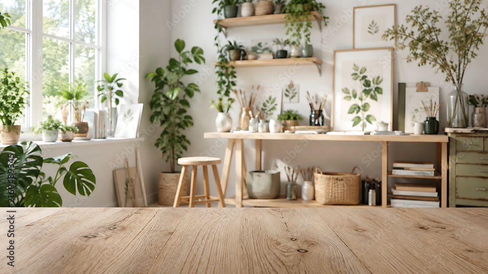 Fototapeta premium Botanical hobby room workspace with wooden table and houseplants workspace botanical interior houseplants greenery