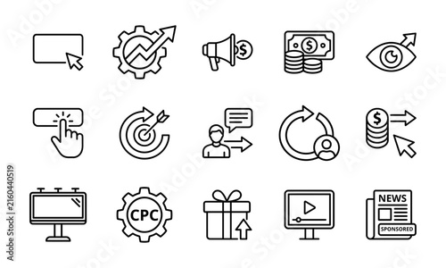Line icon bundles for pay per click advertising featuring clickable card, growth gear, megaphone dollar, cash stack, and eye visibility. Perfect for digital ad campaign design projects.