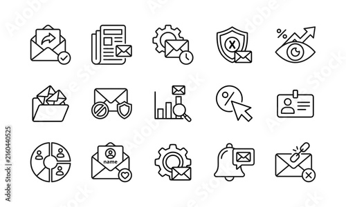 Line icon bundles for email marketing campaign featuring forwarded mail, newsletter, gear envelope, shield spam block, and analytics chart. Perfect for email automation design projects.