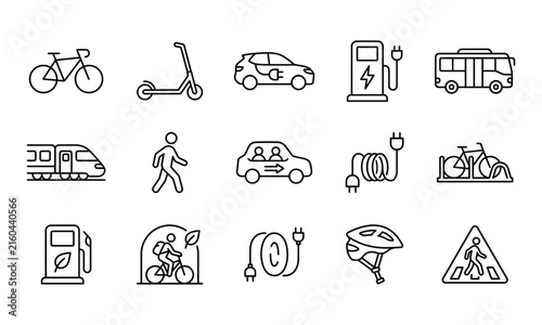Line icon bundles for eco-friendly transportation featuring bicycle, e scooter, electric car, charging station, electric bus, train, and pedestrian. Perfect for green mobility design use.