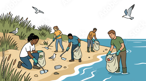 Diverse volunteer team collecting plastic litter along sandy shoreline with seabirds and coastal grass, community cleanup and bird habitat conservation concept