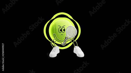 Tennis ball mascot in a ready position with a racket and glowing outline in a vibrant 3D/2D style. Seamless alpha-channel loop, ideal for dark backgrounds, tournaments, sports promos, and broadcasts.