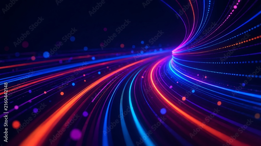 Fototapeta premium Abstract digital data flow with glowing neon light streaks with dynamic abstract background