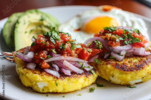Two Ecuadorian llapingachos potato patties topped with tomato and red onion curtido and chopped cilantro, served on a white plate with a fried egg and avocado slices.