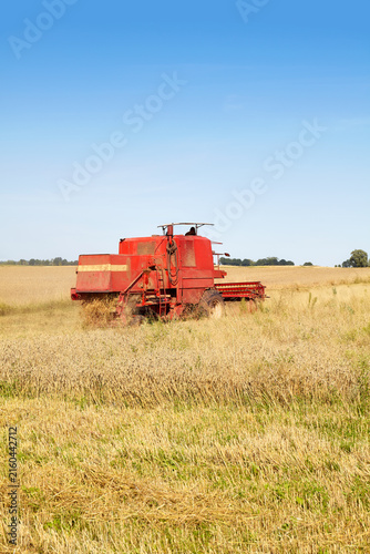Combine harvesting wheat on a sunny summer day.