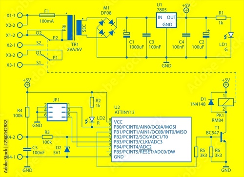Schematic diagram of electronic device.
Drawing electrical circuit with 
integrated circuit, transformer, diode, connector, 
capacitor, resistor, transistor, led,
microcontroller, other components.