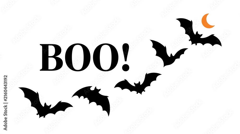 Fototapeta premium Spooky halloween graphic with the word boo and silhouettes of flying bats