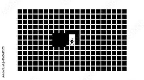 Man exiting dark grid wall through open door vector illustration isolated on white
