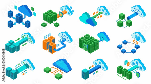 Servers connecting to cloud storage through secure isometric network pipelines and data transfer channels.