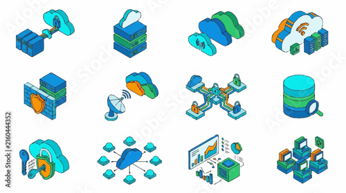 Cloud computing isometric icons displaying secure data storage systems and wireless network connections.