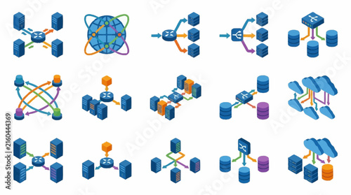 Data center network isometric icons featuring servers and routers connected with colorful data flow lines.