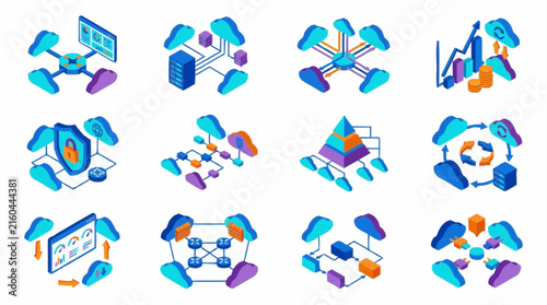 Network and server icons set showing cloud architecture and cybersecurity symbols in isometric vector style.