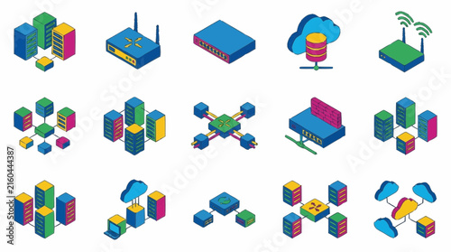 Server racks and routers arranged in various configurations to represent complex cloud computing networks and data storage systems.