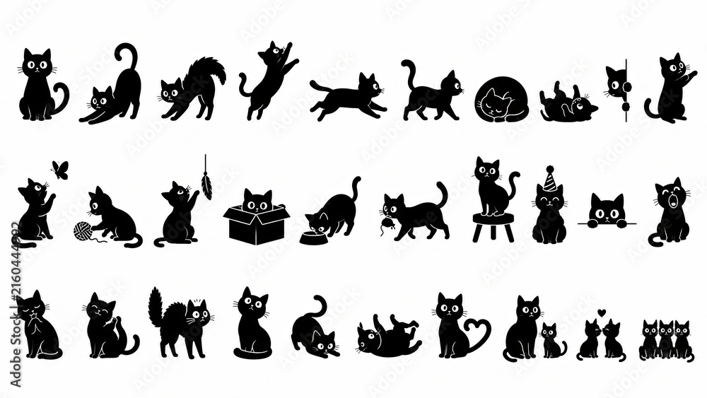 Obraz premium Cat Silhouette Set – Sitting, Walking, Jumping and Playful Pet Poses