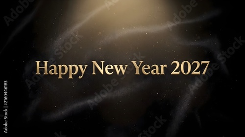 Elegant Happy New Year 2027 Typography. Gold Text Over Dark Abstract Smoke Background. Luxury Celebration Greeting Card Design.