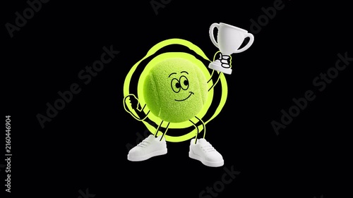 Tennis ball champion holding a trophy with a glowing outline in a vibrant 3D/2D style. Seamless alpha-channel loop for dark backgrounds, tournaments, victories, sports promos, and broadcasts.