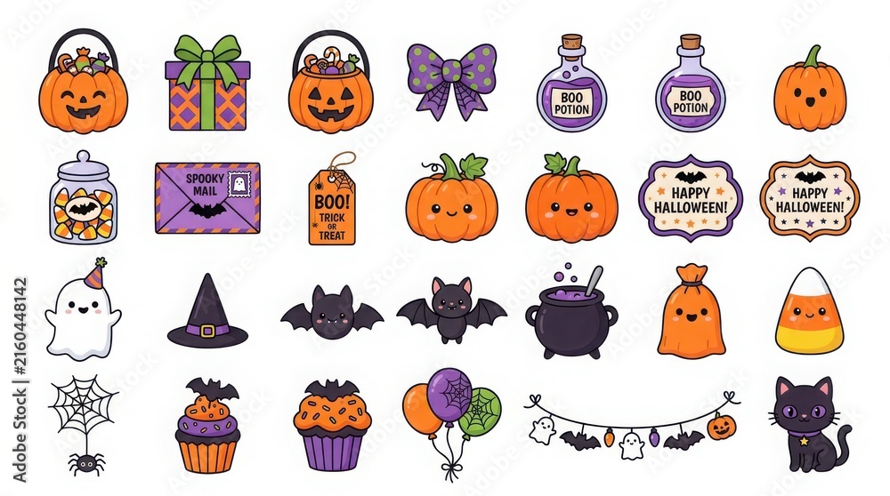 Fototapeta premium Cute halloween vector sticker set with pumpkins, ghosts, bats, and treats isolated on white background