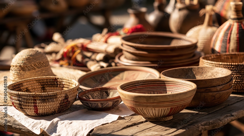 Fototapeta premium Woven baskets and pottery displayed on a rustic wooden table during a sunny outdoor market
