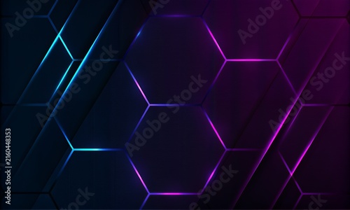 Abstract Dark Hexagon Background with Neon Lights Futuristic Tech Design
