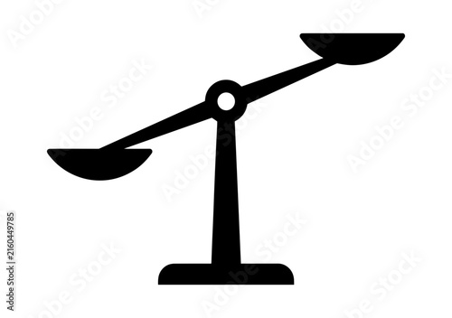 A simple black scale icon with two pans tilted showing imbalance on a white background