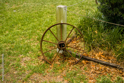 фотографія Antique rusty metal wagon wheel leaning against the concrete post on the green grass lawn covered with dry fallen leaves inside the park