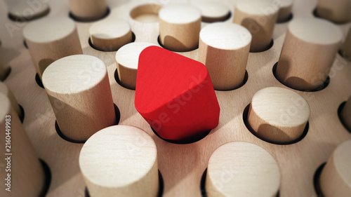 Red prism wooden block standing out among wooden cylinders. 3D illustration