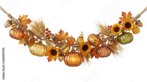 A rustic fall garland featuring decorative pumpkins, maple leaves, acorns, wheat, fruit, and sunflowers creates a warm, seasonal frame for Thanksgiving on a white background.