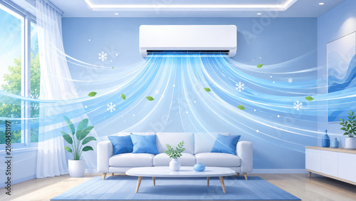 Modern living room with wall air conditioner blowing cool, visualized blue airflow and snowflakes
