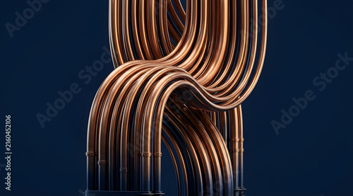 Curved copper pipes arranged in sculptural wave pattern on dark blue background for industrial architecture.