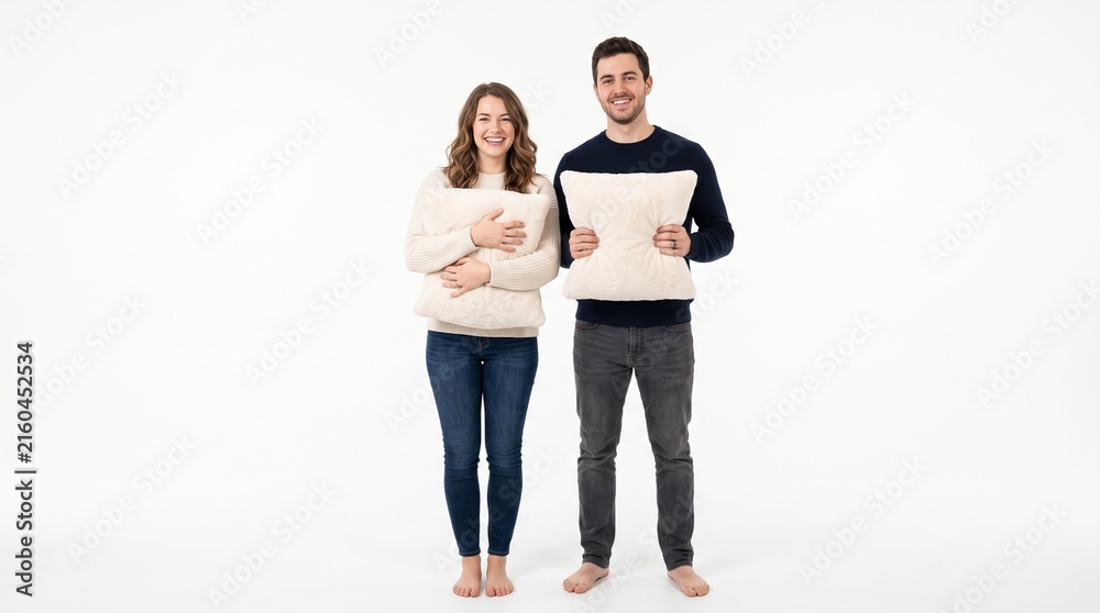 Obraz premium Happy Couple Holding Plush Pillows Against White Background