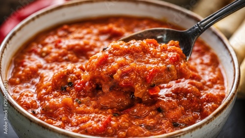 Chunky roasted red pepper sauce in a ceramic bowl with a spoon, vibrant red-orange texture and glossy oil sheen