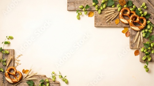 Oktoberfest Rustic Corner Frame with Pretzels, Hops, Wheat and Wooden Planks