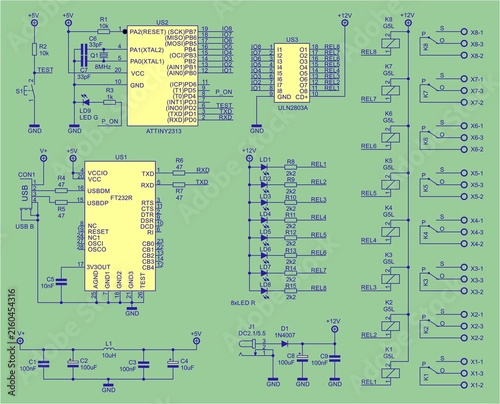 Schematic diagram of electronic device. Drawing electrical circuit with integrated circuit, diode, connector, capacitor, resistor, led, inductor coil, relay,
microcontroller, other components.