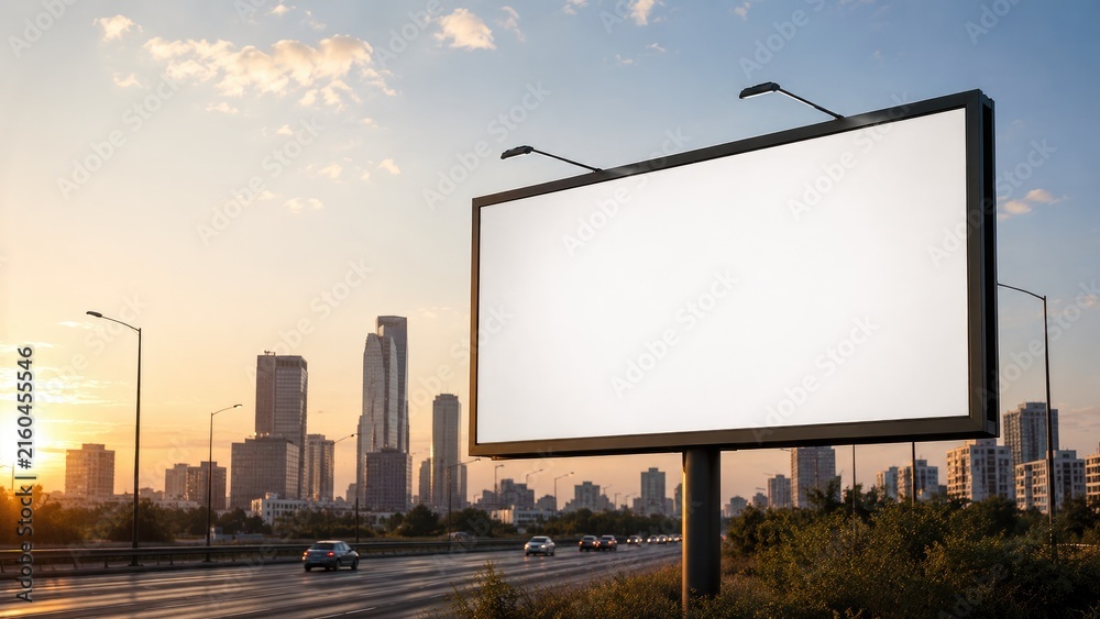 Fototapeta premium Blank billboard over a highway at sunset with city skyline, skyscrapers, cars and street lamps in an urban dusk scene