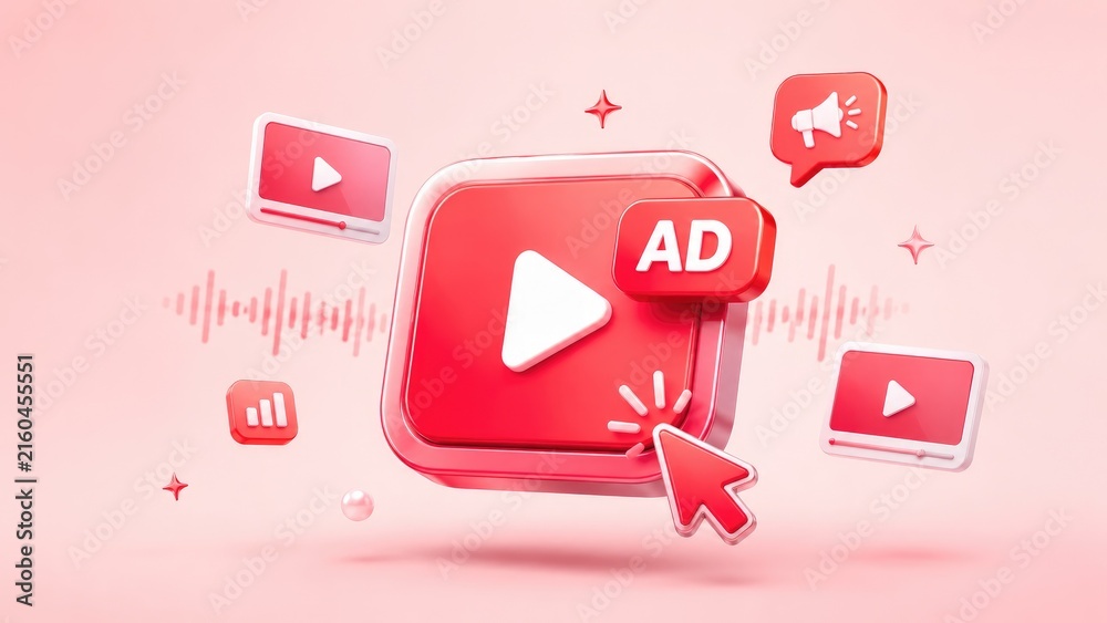 Naklejka premium 3D pink-red play button ad icon with cursor, video thumbnails, megaphone and audio waveform representing online video advertising and digital marketing
