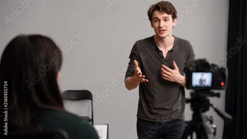 Male actor delivering an emotional monologue on camera during an audition in a studio