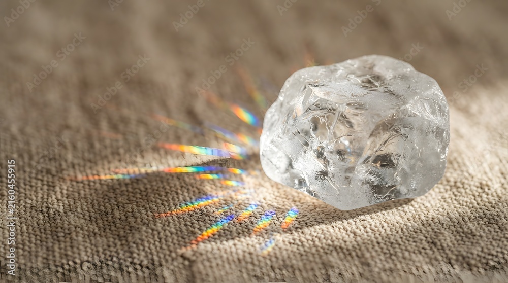 Fototapeta premium Prismatic Light Refraction and Rainbow Spectrum Dispersion on Fabric Surface from a Transparent Crystal Object