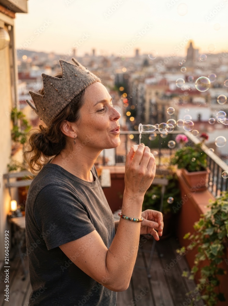 Fototapeta premium A middle aged caucasian woman wears a felt crown and blows soap bubbles on a sunlit urban balcony terrace.