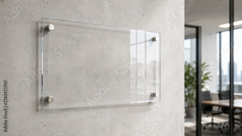 Clear glass wall sign panel mounted with metal standoffs on a concrete office wall, modern minimalist interior with glass-walled conference room and city view