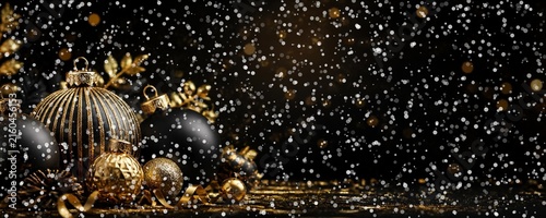 Elegant christmas background with black and gold ornaments, pine cones, and golden ribbons under falling snow, festive holiday decoration with copy space for text