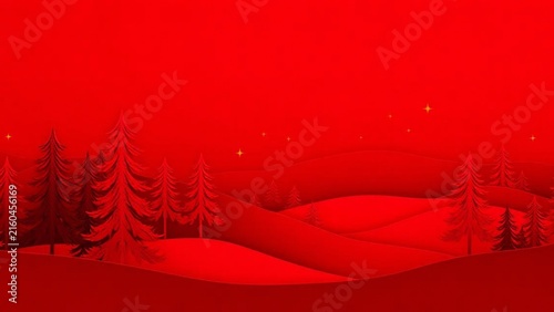 Abstract red winter landscape with stylized pine trees and stars, minimalist christmas background, paper cut style illustration of a snowy forest at night