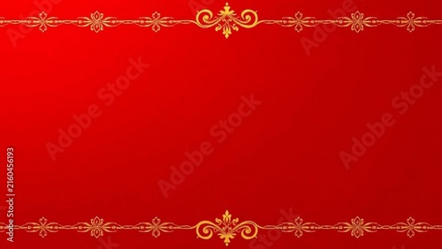 Red background with golden vintage frame border, luxury elegant invitation card template, festive oriental style design for chinese new year, wedding, or holiday celebration